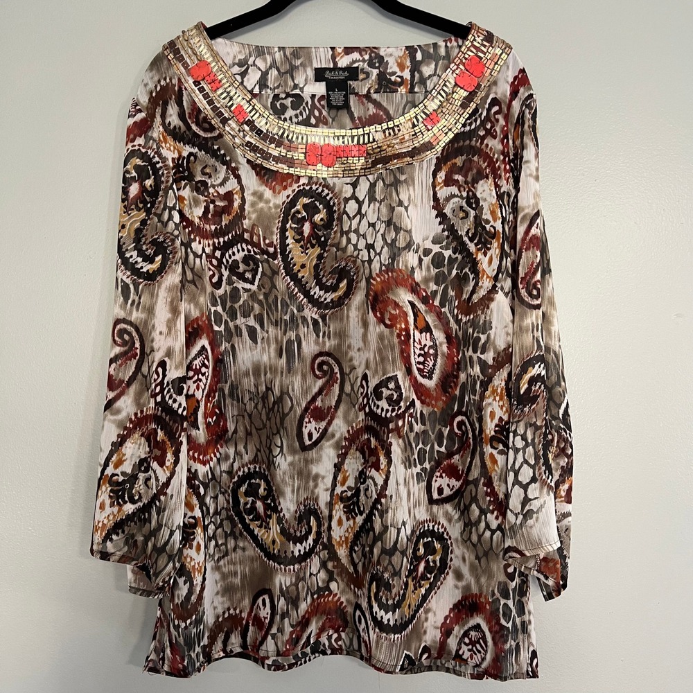 Peck & Peck Embellished Paisley Sheer Tunic Brown Red Large Resort beaded